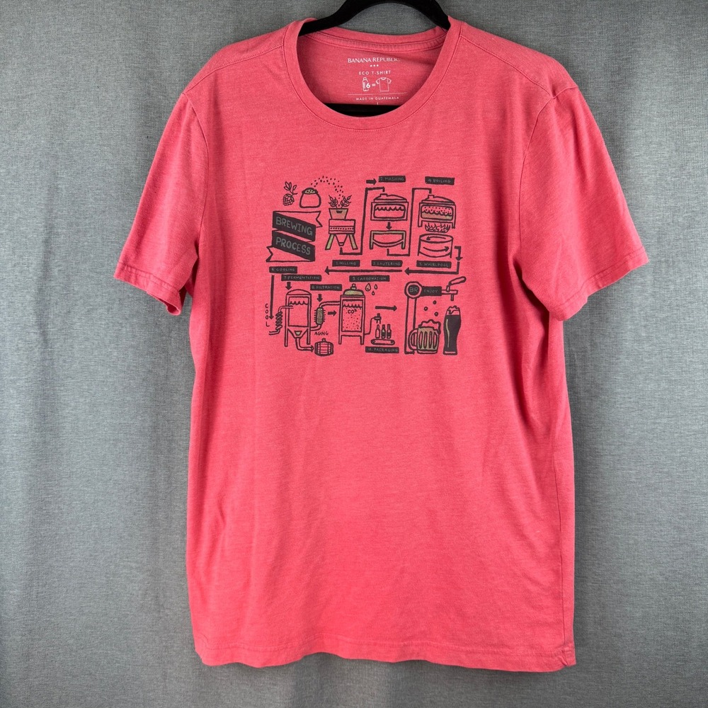 Banana Republic Mens Eco T-Shirt Large Pale Red Brewing Process Graphic Beer Tee